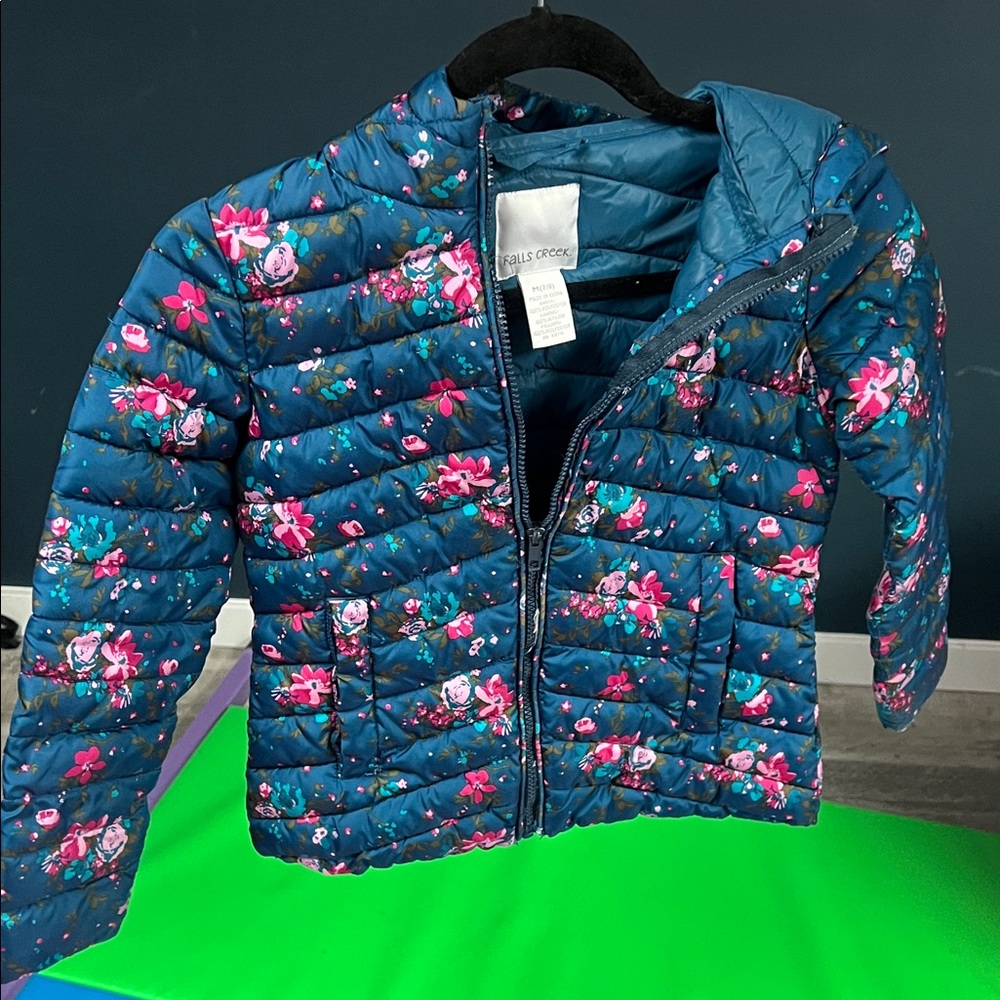Falls Creek Kids Floral Puffer Jacket - Blue and Pink